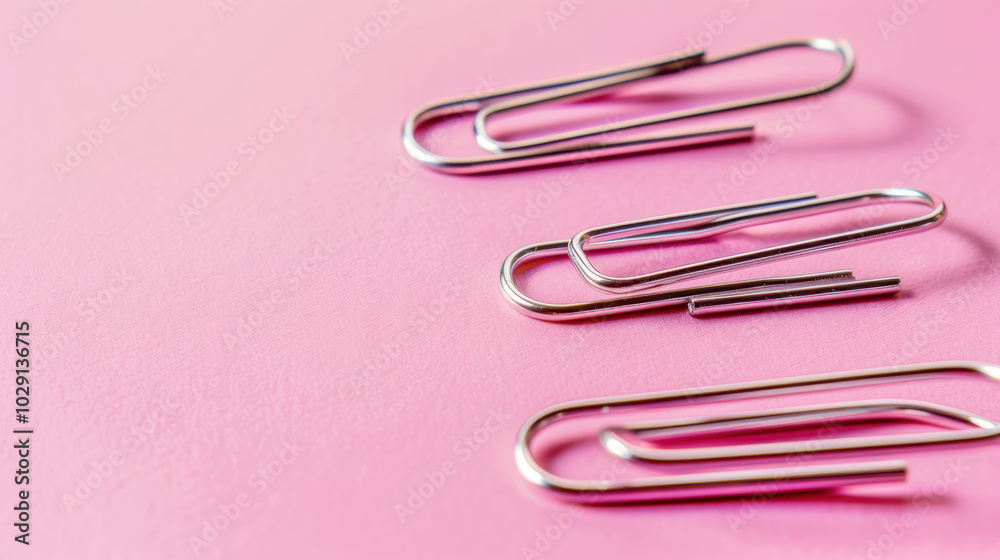 Three silver paper clips arranged on soft pink background create minimalist and modern aesthetic, perfect for office or stationery themes Three silver paper clips arranged on soft pink background create minimalist and modern aesthetic, perfect for office or stationery themes
