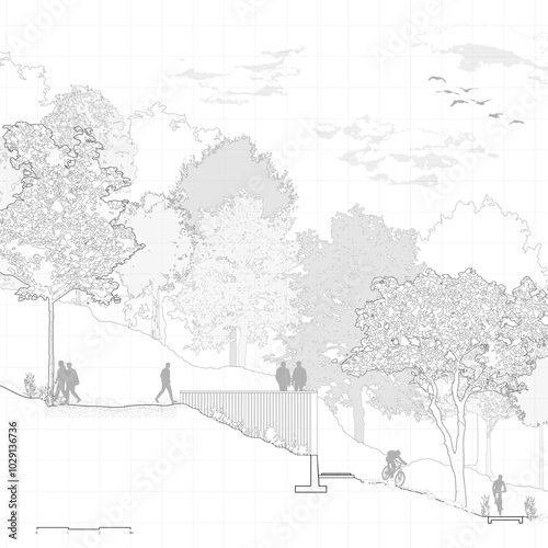 Architectural Drawings, Minimal style cad tree line drawing, Side view, set of section mountian forest outline symbol for landscape design drawing. Vector illustration in stroke fill in white.