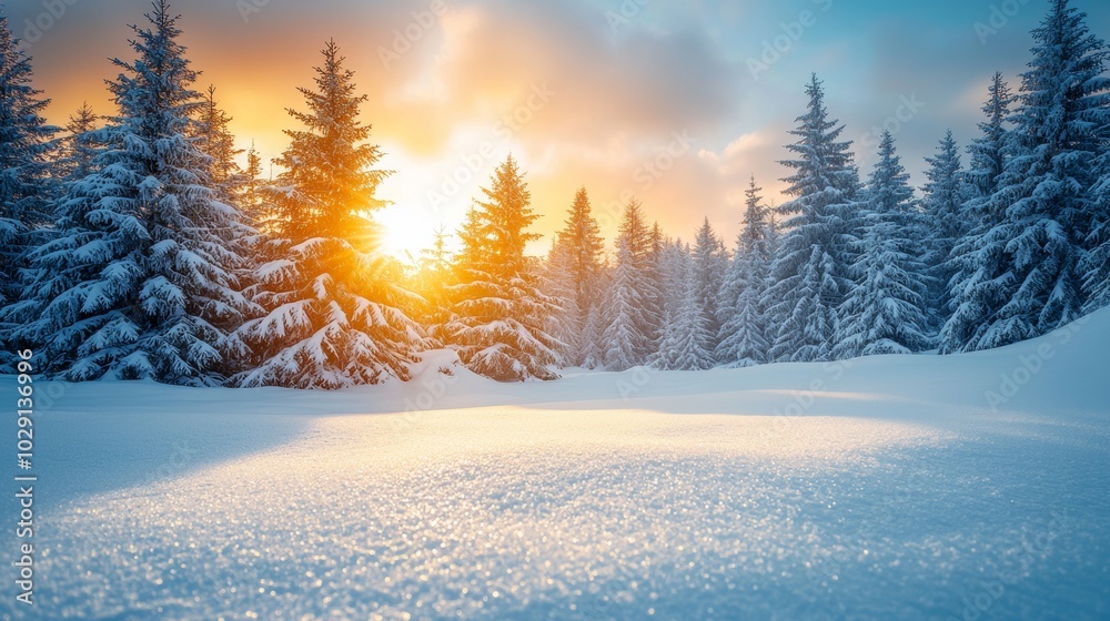 Snowy Forest Sunset Winter Wonderland