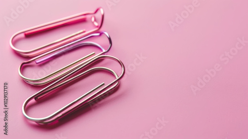 Colorful paper clips arranged on pink background create vibrant and playful office accessory display. These clips add touch of creativity to any workspace