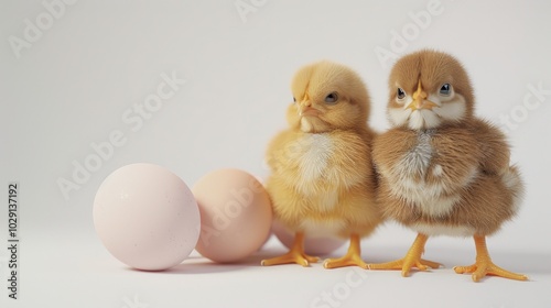 Chicks and eggs. Realistic illustration with white background.