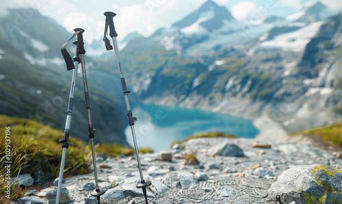 Pair of hiking poles on the mountain trail, 4K hyperrealistic photo