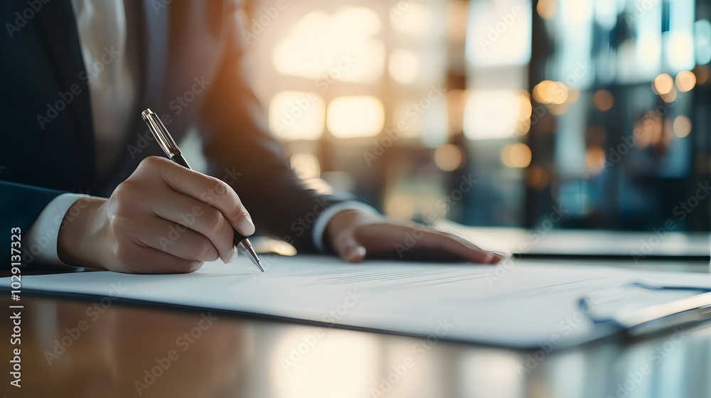 Executive Woman Signing High-Level Contract in Corporate Office - Business Partners Present for Transaction Executive Woman Signing High-Level Contract in Corporate Office - Business Partners Present for Transaction