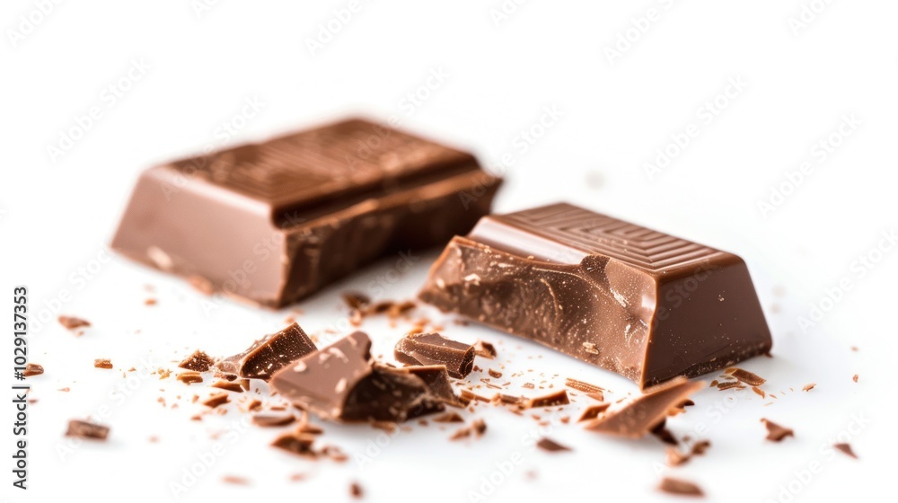 Chocolate bar broken into two pieces, isolated on white background Chocolate bar broken into two pieces, isolated on white background