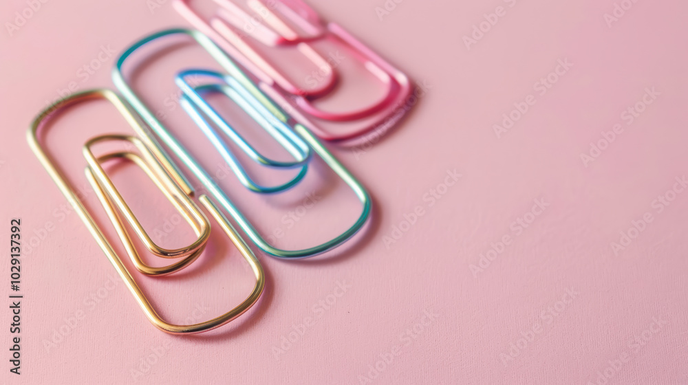 Colorful paper clips arranged on pink background create vibrant and playful composition, perfect for adding touch of creativity to any workspace Colorful paper clips arranged on pink background create vibrant and playful composition, perfect for adding touch of creativity to any workspace