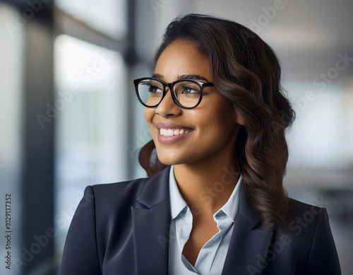 cute beauty young African American woman black skin in a business suit and glasses in the office looking side photo