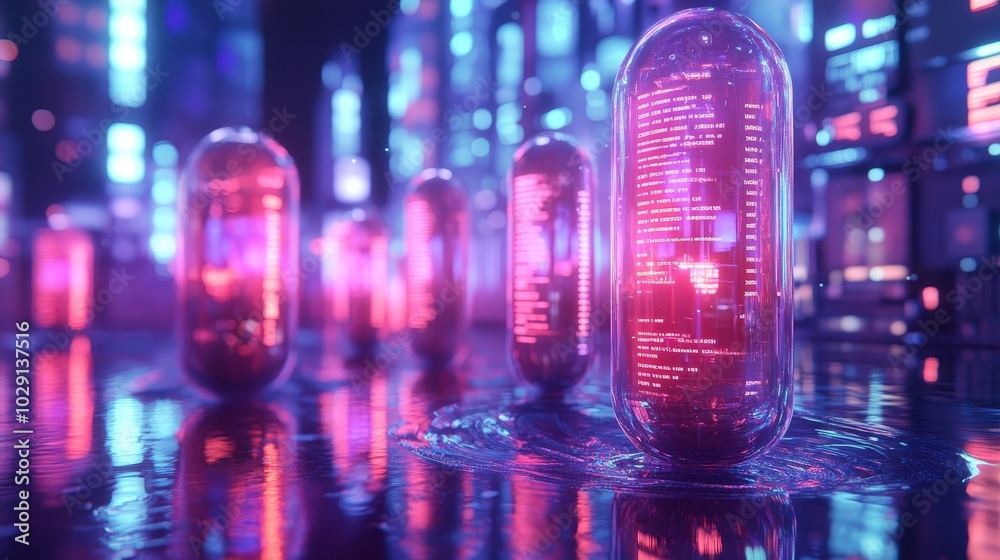 Fototapeta premium Capsules with liquid surfaces, rippling gently under a soft neon light, as if floating on water, surrounded by digital holographic readouts in a serene, futuristic setting