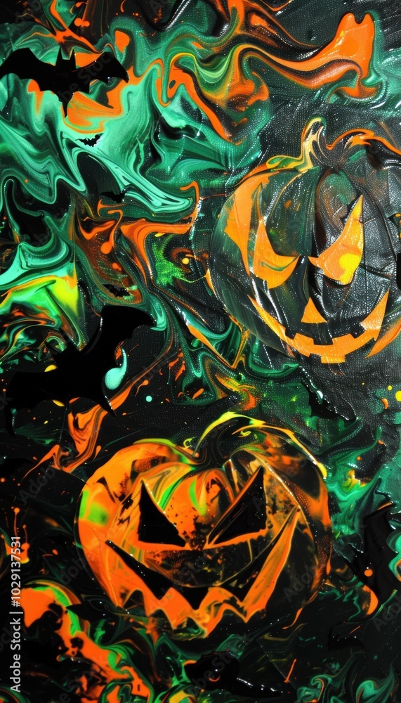 Energetic Halloween Abstract with Neon Orange Swirls, Pumpkins, and Bat Silhouettes for Modern Design Energetic Halloween Abstract with Neon Orange Swirls, Pumpkins, and Bat Silhouettes for Modern Design