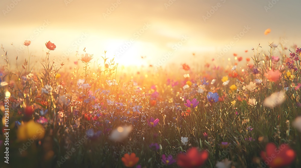A vibrant field of blooming flowers at sunset, creating a serene and beautiful landscape infused with colors and warm light. A vibrant field of blooming flowers at sunset, creating a serene and beautiful landscape infused with colors and warm light.