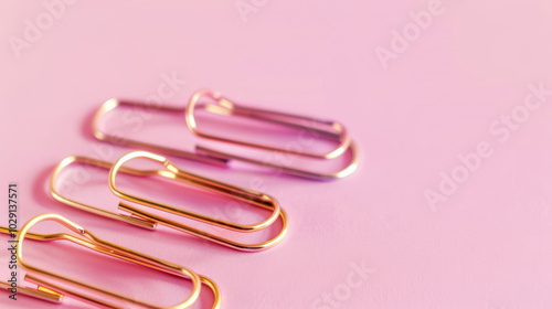 Golden paper clips arranged on soft pink background create stylish and modern aesthetic, perfect for office or stationery themes