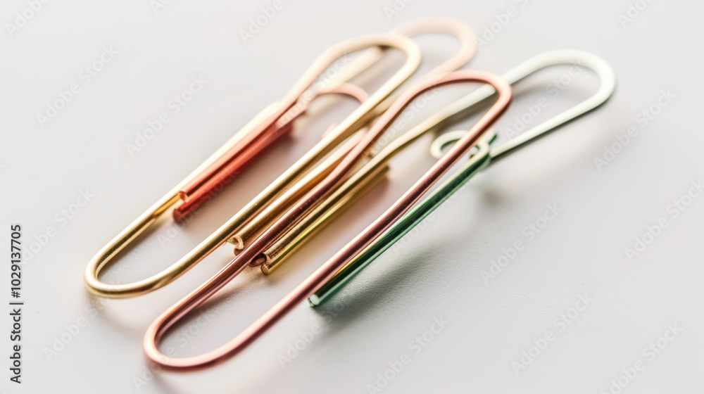 Colorful paper clips arranged on light background, showcasing their metallic shine and various hues. These office supplies add touch of organization and style to any workspace Colorful paper clips arranged on light background, showcasing their metallic shine and various hues. These office supplies add touch of organization and style to any workspace