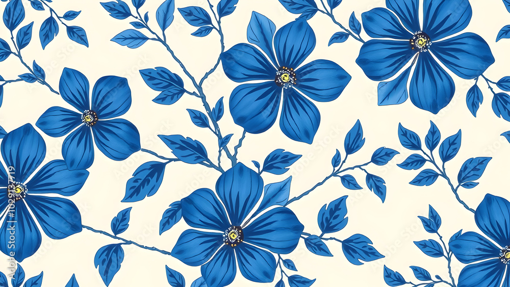 Large blue flowers with subtle leaves on light background, Generative AI Large blue flowers with subtle leaves on light background, Generative AI