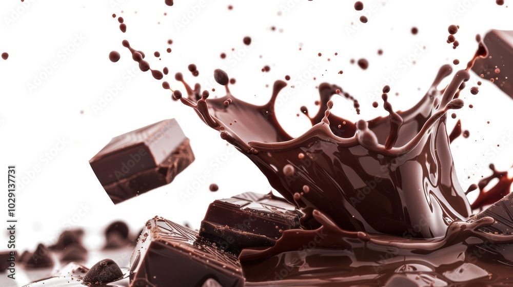 Fototapeta premium Chocolate pieces with chocolate splash isolated on white background.