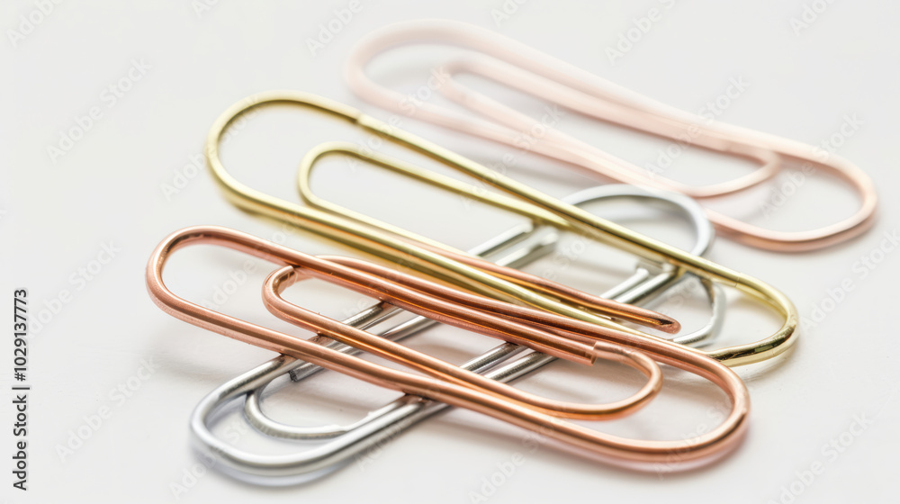 Colorful paper clips arranged on light background, showcasing various metallic finishes and sizes. These office supplies add touch of organization and style to any workspace Colorful paper clips arranged on light background, showcasing various metallic finishes and sizes. These office supplies add touch of organization and style to any workspace