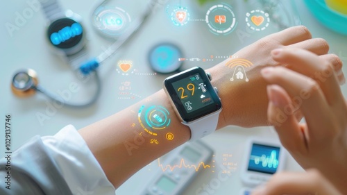 Mobile checking their blood sugar levels on a smartwatch photo