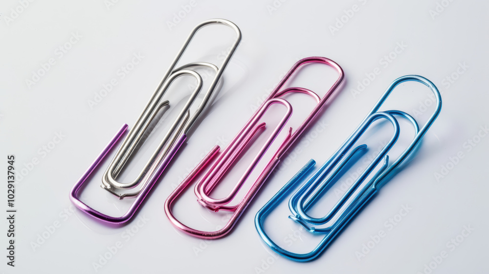 Colorful paper clips in silver, pink, and blue arranged on white background, showcasing their sleek design and functionality. Perfect for organizing documents with style Colorful paper clips in silver, pink, and blue arranged on white background, showcasing their sleek design and functionality. Perfect for organizing documents with style