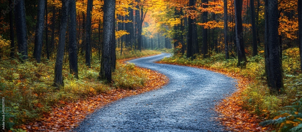 Obraz premium A winding road leads through an autumn forest, the trees displaying vibrant hues of yellow and orange. The path is lined with fallen leaves, creating a picturesque scene.