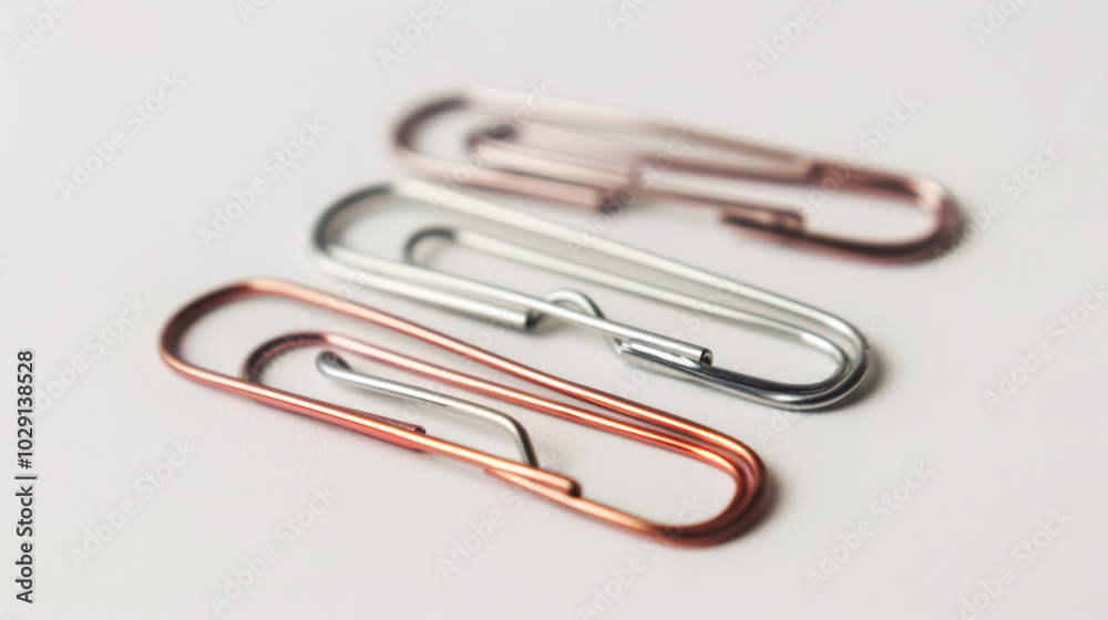 Paper clips in various metallic colors arranged on white background, showcasing their sleek design and functionality. Perfect for office or school use Paper clips in various metallic colors arranged on white background, showcasing their sleek design and functionality. Perfect for office or school use