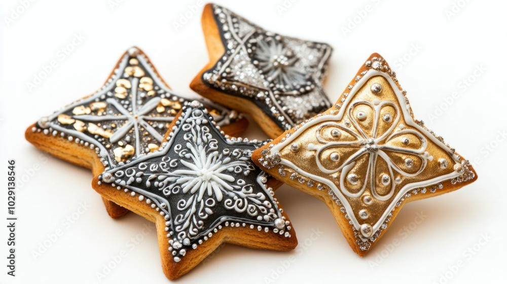 Star-shaped New Year sugar cookies with intricate icing details in gold and silver, isolated on white background Star-shaped New Year sugar cookies with intricate icing details in gold and silver, isolated on white background
