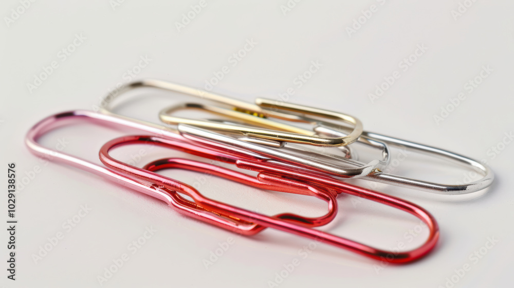 Colorful paper clips in red, silver, and gold arranged on white background, showcasing their shiny metallic finish and practical design. Perfect for organizing documents Colorful paper clips in red, silver, and gold arranged on white background, showcasing their shiny metallic finish and practical design. Perfect for organizing documents