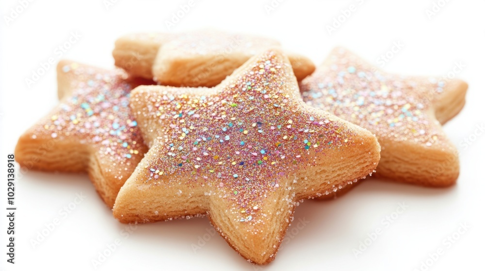 Star-shaped sugar cookies dusted with edible glitter, perfect for New Year celebrations, isolated on white background Star-shaped sugar cookies dusted with edible glitter, perfect for New Year celebrations, isolated on white background