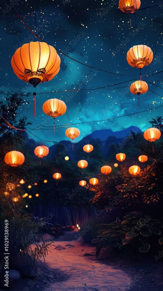 Lantern parade under a starry sky, 4K hyperrealistic photo Lantern parade under a starry sky, 4K hyperrealistic photo
