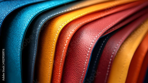 A vibrant display of leather sheets in various colors arranged neatly for crafting at a workshop