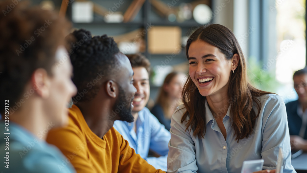 Diverse office colleagues smile at inclusive team-building workshop, promoting workplace unity and belonging Diverse office colleagues smile at inclusive team-building workshop, promoting workplace unity and belonging