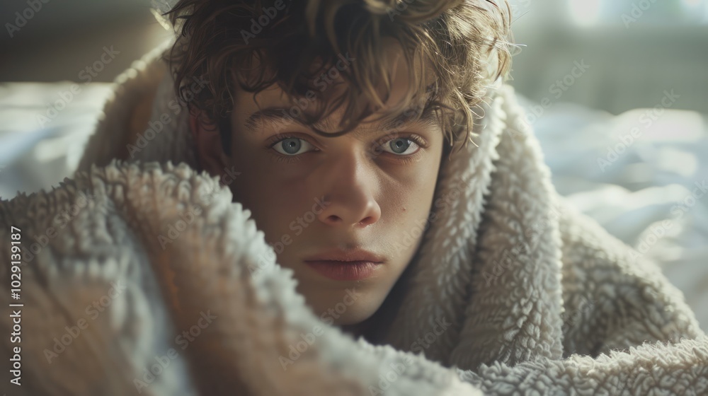 Close-up Portrait of a Young Man with Curly Hair Under a Fuzzy Blanket