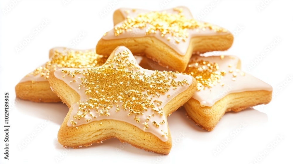 Star-shaped sugar cookies with gold sprinkles and icing, perfect for New Year's celebrations, isolated on white background Star-shaped sugar cookies with gold sprinkles and icing, perfect for New Year's celebrations, isolated on white background