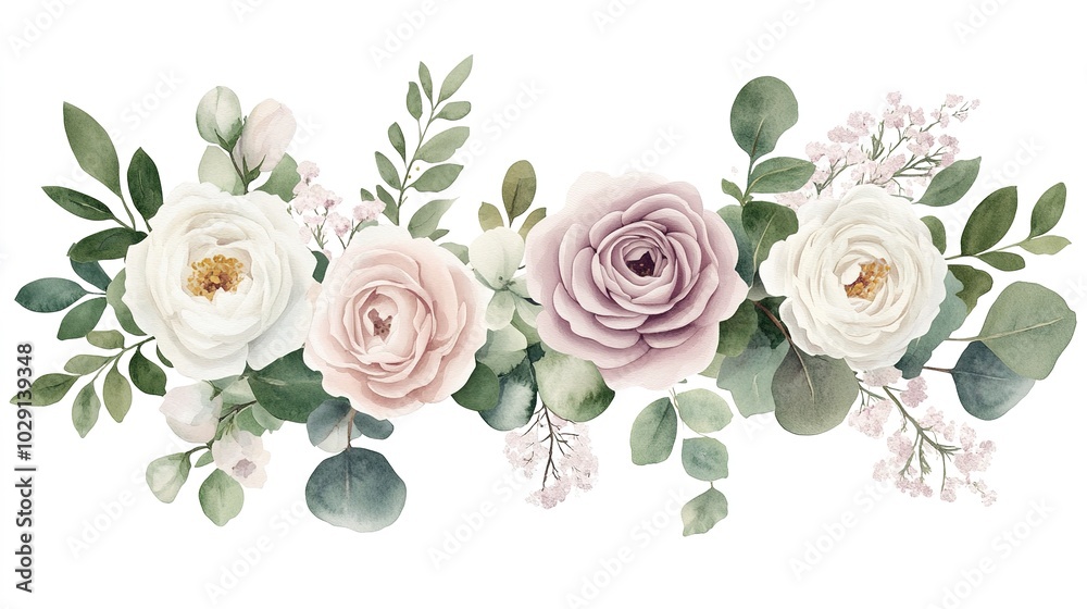 Wreath design silver sage green and blush pink flowers. Dusty rose, white carnation, mauve rose, ranunculus, eucalyptus, greenery. Wedding bouquets. Watercolor. Wreath design silver sage green and blush pink flowers. Dusty rose, white carnation, mauve rose, ranunculus, eucalyptus, greenery. Wedding bouquets. Watercolor.