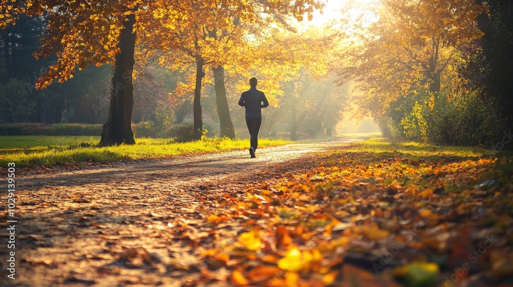 A runner enjoys an invigorating jog on a serene path blanketed with fallen leaves. The warm light of sunset creates a beautiful atmosphere amidst the colorful autumn trees. A runner enjoys an invigorating jog on a serene path blanketed with fallen leaves. The warm light of sunset creates a beautiful atmosphere amidst the colorful autumn trees.