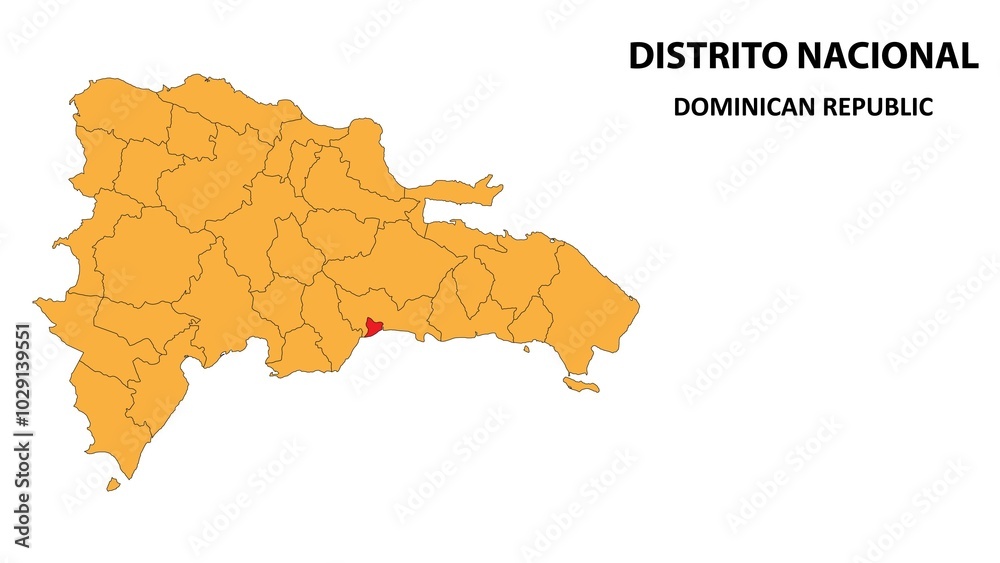 Obraz premium Distrito Nacional Map is highlighted on the Dominican Republic map with detailed state and region outlines.
