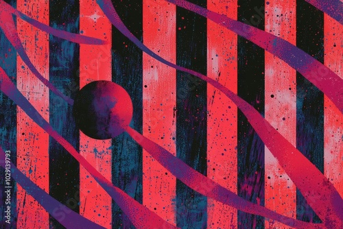 Abstract Painting with Red, Black, and Purple Stripes and a Circle photo