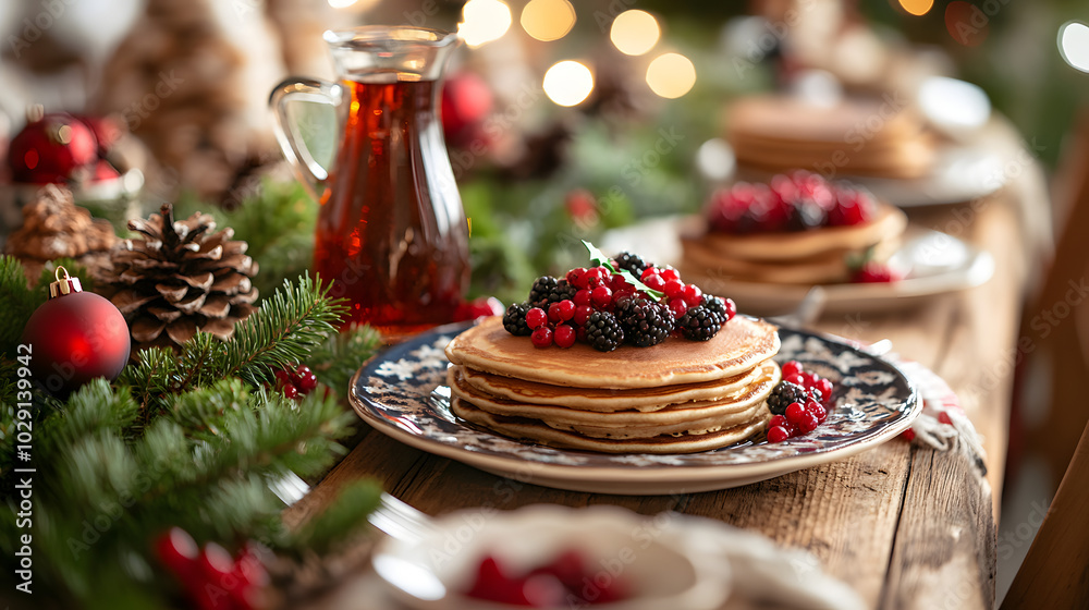 A rustic wooden table set for a Christmas breakfast with pancakes maple syrup fresh berries and holiday-themed plates. A rustic wooden table set for a Christmas breakfast with pancakes maple syrup fresh berries and holiday-themed plates.