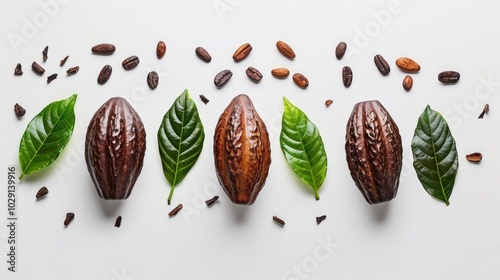 Cocoa pods with separated leaves on white background. photo