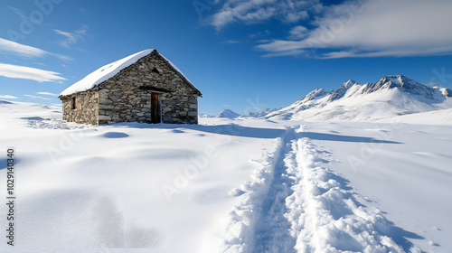 A simple stone house buried in snow with a single path shoveled to the door and a snow-covered mountain range visible in the distance. photo