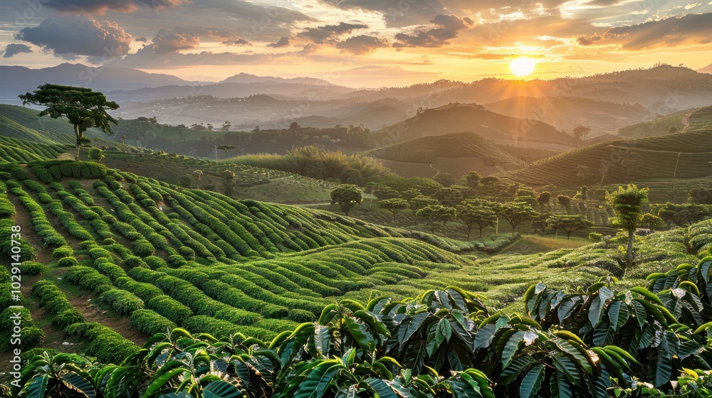 Fototapeta premium Coffee plantation hills at sunset time, beautiful landscape background