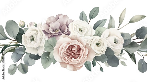 Wreath design silver sage green and blush pink flowers. Dusty rose, white carnation, mauve rose, ranunculus, eucalyptus, greenery. Wedding bouquets. Watercolor.
