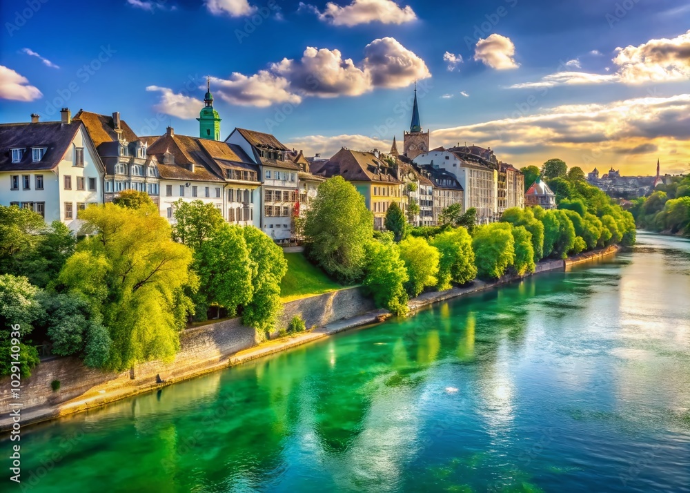 Obraz premium Scenic Basel Rhine River Waterfront: Lush Greenery and Urban Charm