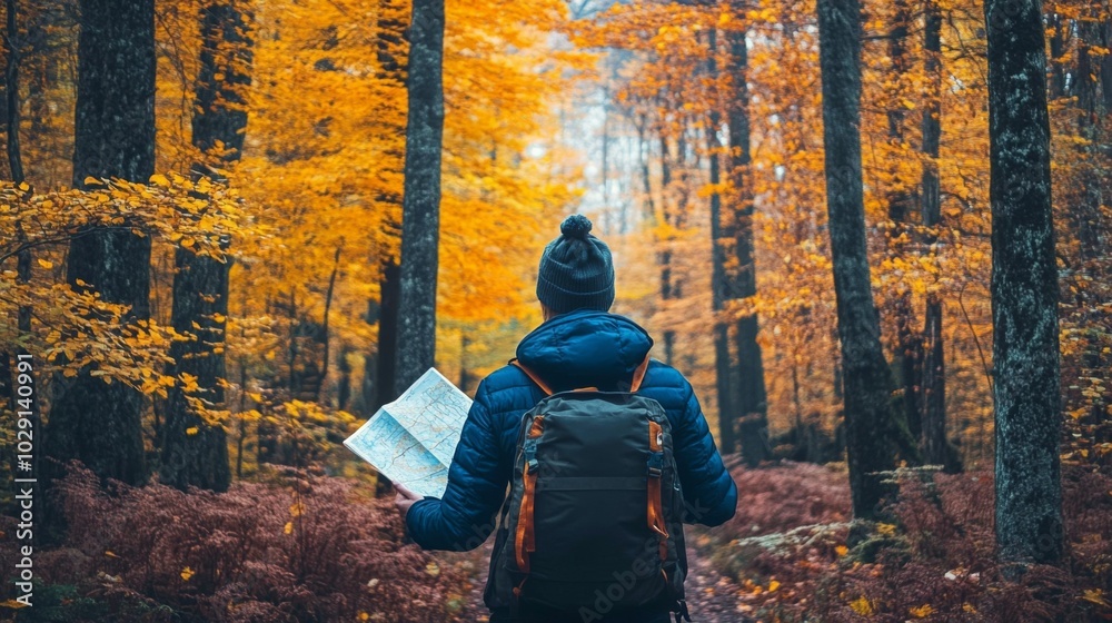 A hiker stands amidst tall trees adorned with colorful autumn leaves, gazing thoughtfully at a map as the sun sets. The tranquil surroundings and warm colors create a peaceful atmosphere. A hiker stands amidst tall trees adorned with colorful autumn leaves, gazing thoughtfully at a map as the sun sets. The tranquil surroundings and warm colors create a peaceful atmosphere.
