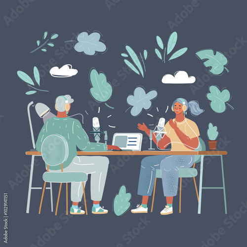 Cartoon vector illustration of Young man interviewing a woman in a radio studio. Podcast, broadcast blogger concept on dark background.