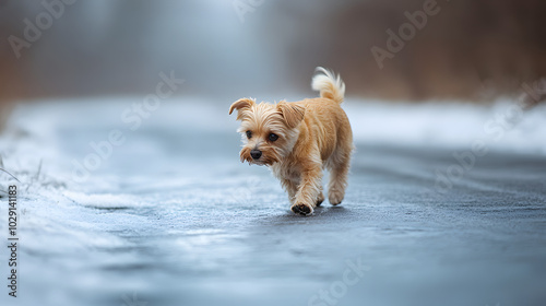 Fototapeta Naklejka Na Ścianę i Meble -  A small dog walking gingerly on an icy road with its paws slipping on the frozen surface.