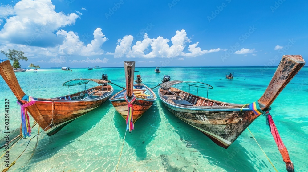 Colorful wooden boats on turquoise sea water. Tropical landscape with sailing boats. Tropical summer vacation Colorful wooden boats on turquoise sea water. Tropical landscape with sailing boats. Tropical summer vacation