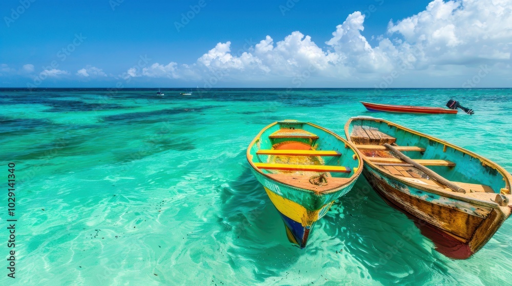 Colorful wooden boats on turquoise sea water. Tropical landscape with sailing boats. Tropical summer vacation Colorful wooden boats on turquoise sea water. Tropical landscape with sailing boats. Tropical summer vacation