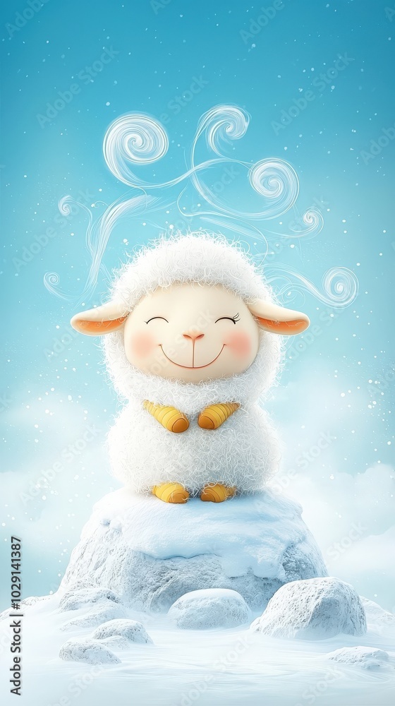 A cute little lamb on top of a cold mountain, light snow swirling in the breeze, creating a serene and magical winter cartoon scene. A cute little lamb on top of a cold mountain, light snow swirling in the breeze, creating a serene and magical winter cartoon scene.