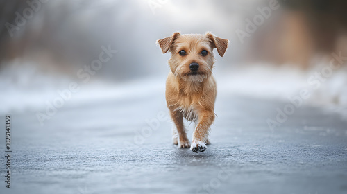 Fototapeta Naklejka Na Ścianę i Meble -  A small dog walking gingerly on an icy road with its paws slipping on the frozen surface.