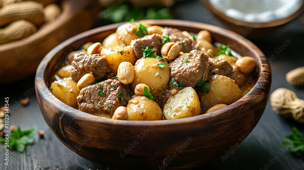Massaman Curry: A rich, aromatic Thai curry made with beef, potatoes, and roasted peanuts, cooked in coconut milk with hints of cinnamon and cardamom, served in a bowl with jasmine rice.