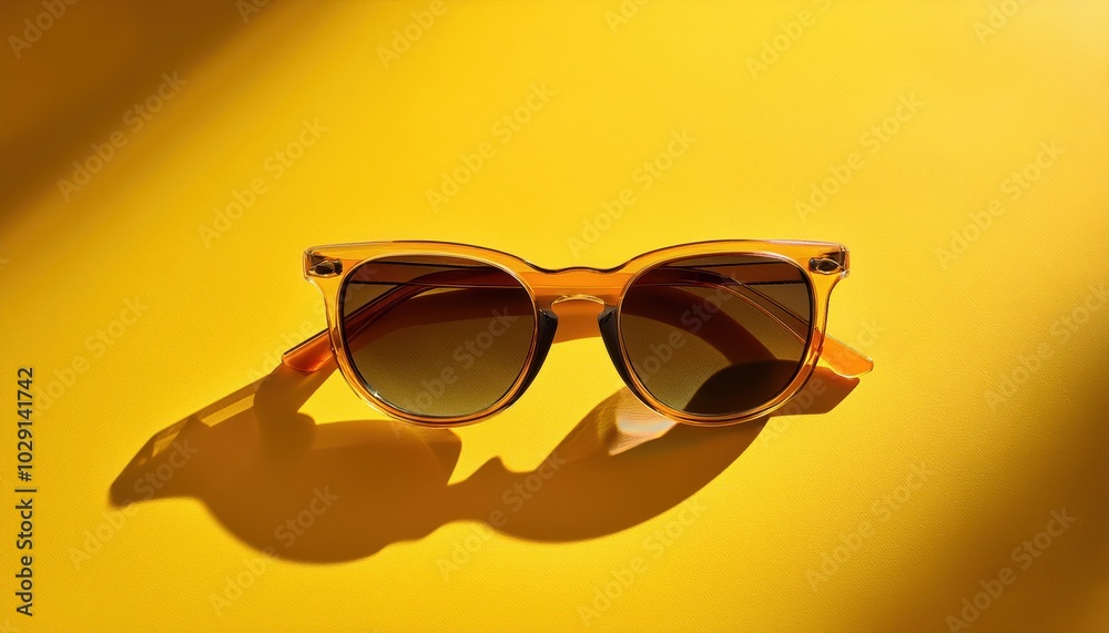Trendy Amber Sunglasses Against Bright Yellow Background, Perfect for Summer Fashion, Vacation Ads, and Stylish Product Promotions Travel Trendy Amber Sunglasses Against Bright Yellow Background, Perfect for Summer Fashion, Vacation Ads, and Stylish Product Promotions Travel
