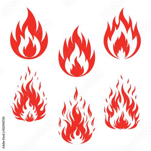 set of fire icons, red color vector illustration on a white background